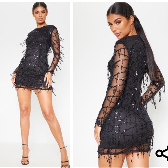 freyana black sequin detail long sleeve mini dress
